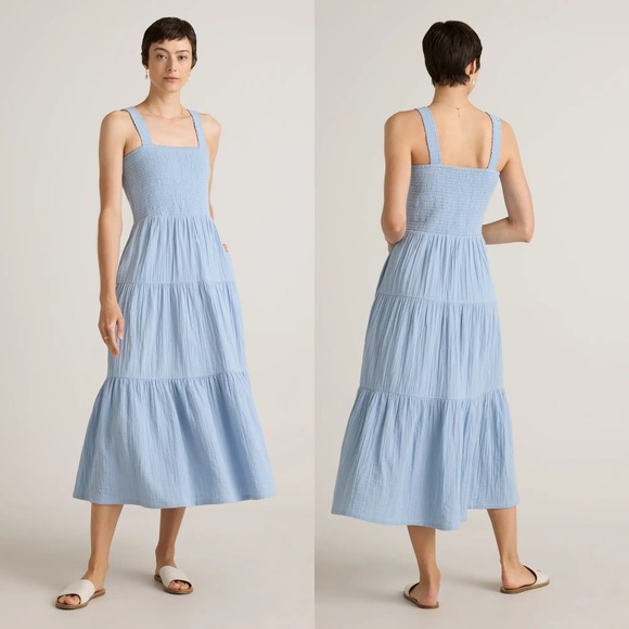 Quince Dresses & Skirts - Quince Organic Cotton Gauze Smocked Tiered Maxi Dress Light Blue Pockets Small